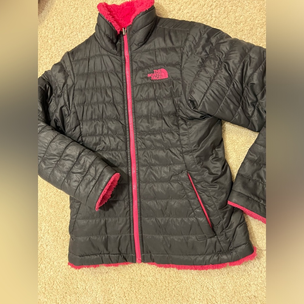North Face girls pink fuzzy reversible puffer jacket
